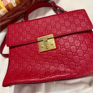 Gucci Red Embossed GG Leather Top-Handle Satchel with Gold Hardware